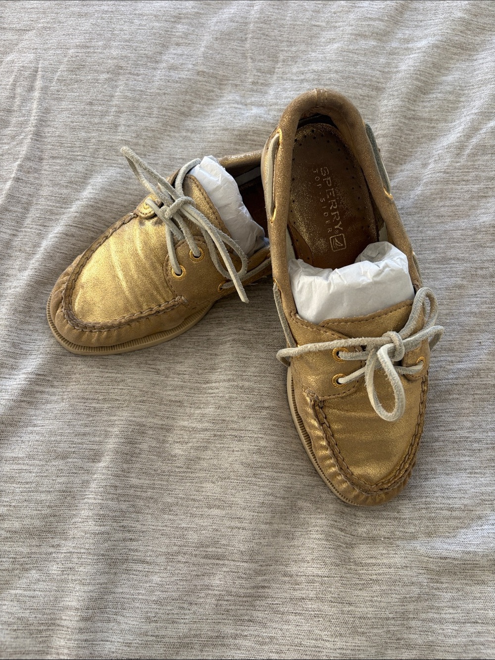 Sperry Metallic Gold Boat Shoes with Cream Laces